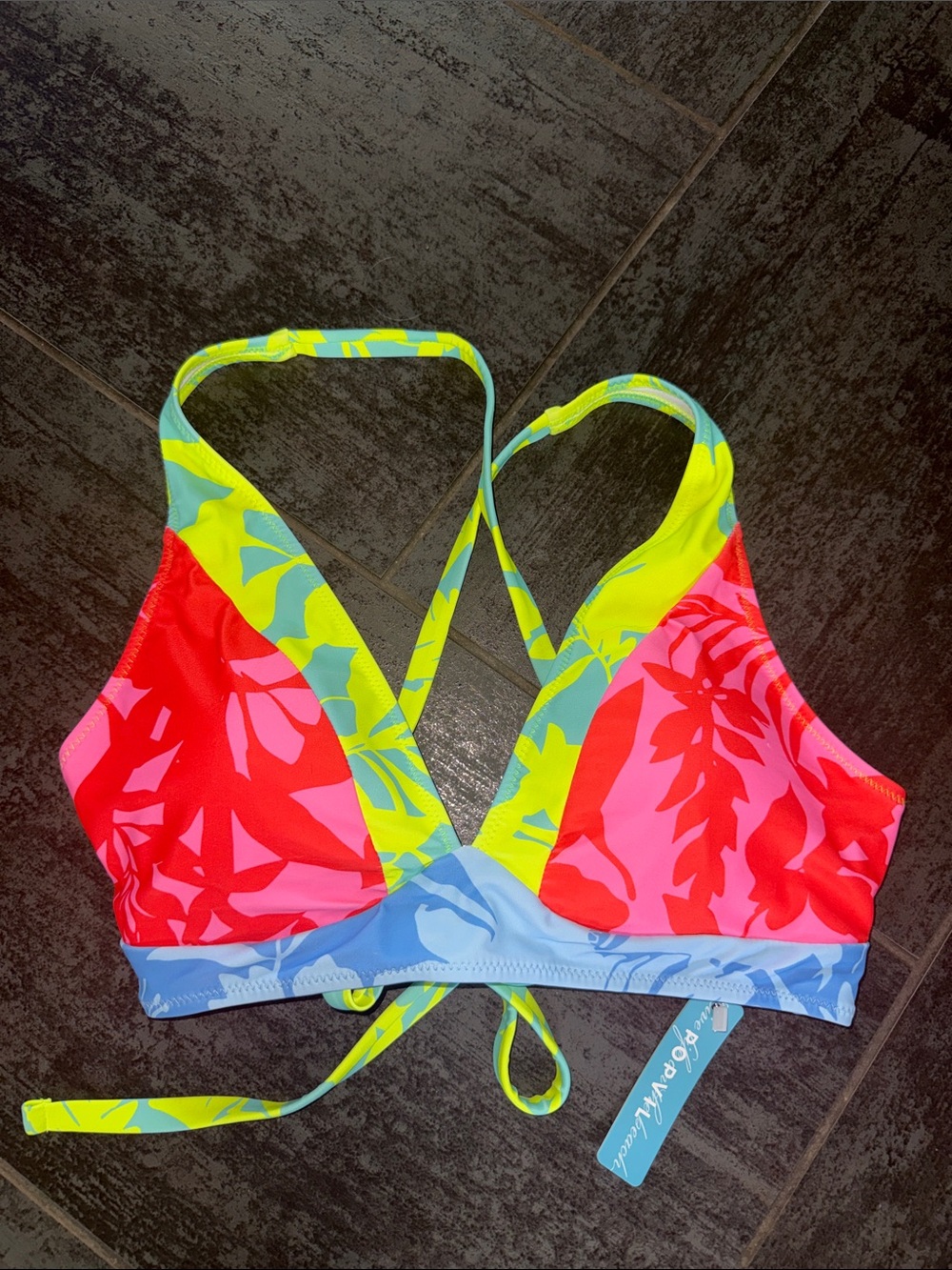 Popvil womens Tropical Print Swim Top - Neon Multi